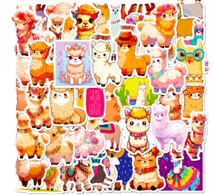 Close-up of waterproof cartoon alpaca DIY stickers with colorful patterns and quotes