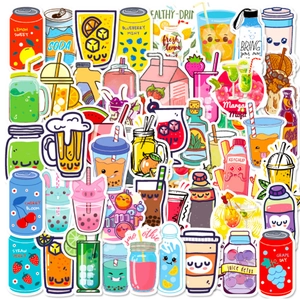 Waterproof cartoon drink stickers featuring colorful juice and soda can DIY designs