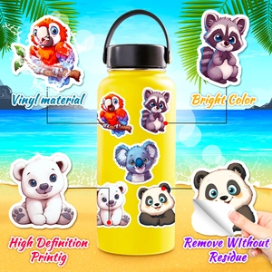 Waterproof vinyl cartoon animal stickers applied on a yellow water bottle