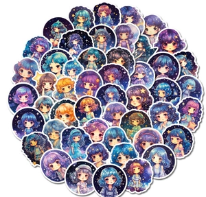 Macro detail of starry sky themed cartoon girl stickers with waterproof coating