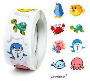 Detail of 1-inch waterproof cartoon ocean animal stickers with 8 patterns on a roll