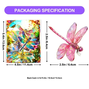 Detail view of colorful dragonfly PET stickers with gold stamping and size specifications