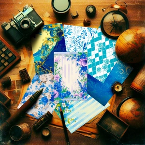 Artistic blue floral scrapbooking paper sheets arranged on a vintage wooden desk with props
