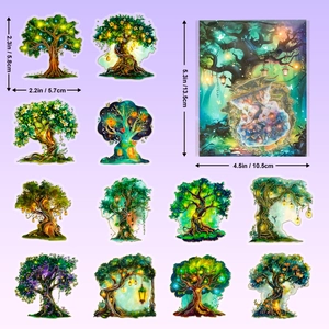 30 autocollants PET Arbre Magique Vert avec marquage à l'or et effet laser pour enfants