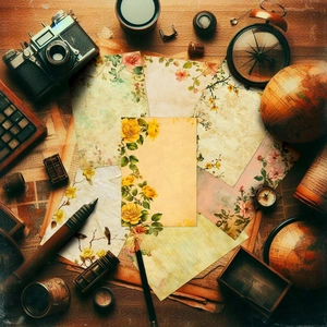 Detailed close-up of vintage floral scrapbooking paper with antique camera and compass props