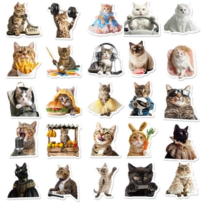 Detail of 25 unique anthropomorphic cat stickers featuring cute creative life scenes