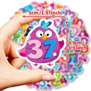 50pcs colorful number animal stickers for kids showing a purple bird number 37 decal