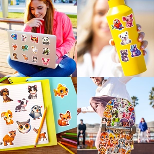 Variety of cute animal stickers shown on a laptop, yellow water bottle and a skateboard