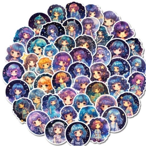 Cosmic anime girl stickers set with stars and planets for DIY creative decoration