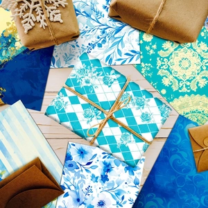 Flat lay of floral pattern scrapbooking paper set for gift wrapping and DIY decor
