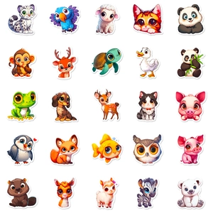 Collection of 25 cute cartoon animal stickers featuring pandas, cats and colorful birds