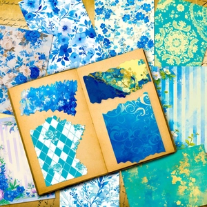 Vintage blue floral scrapbooking paper set for DIY gift wrapping and journal decoration