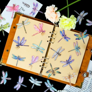 Detailed view of colorful PET dragonfly stickers on a vintage leather notebook