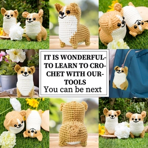 Gedetailleerde weergaven van een gehaakte corgi-knuffel met voor-, achter- en zijaanzicht