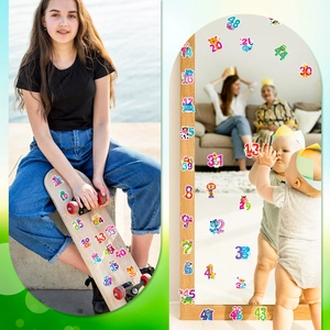 Close-up showing colorful cartoon animal number stickers on skateboard and mirror surface