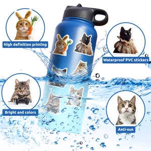 Waterproof PVC cat stickers on a blue bottle showing vivid water splash detail