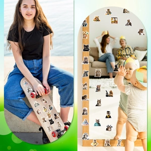 Close-up of cute cartoon cat stickers applied on skateboards and mirrors for DIY decoration