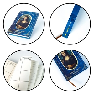 Retro Mona Lisa hardcover notebook with weekly planner layout and blue vintage design