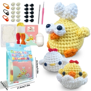 DIY crochet kit for cute chick family dolls with yarn, tools, and English instructions
