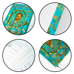 Van Gogh Almond Blossoms notebook featuring artistic portrait and ruled paper pages