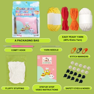 DIY crochet kit for beginners featuring yellow chicks with yarn, hooks and accessories
