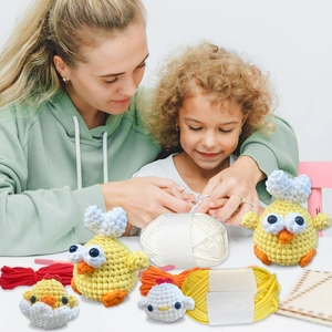 Detail of DIY crochet kit showing yellow chick dolls and colorful yarn ball tools