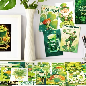 Detail of St. Patrick's Day green cards with leprechauns and lucky clover wall decor