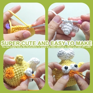 DIY crochet kit showing step-by-step process of making a cute yellow chick amigurumi doll