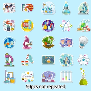 Set of 50 non-repeating science lab stickers with biology and chemistry equipment icons