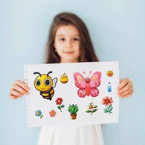Child holding cartoon insect stickers featuring bees, butterflies and flowers on white paper
