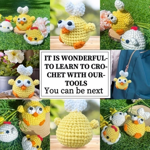Detail shots of crochet chick and duckling plushies used as cute bag accessories