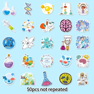 50pcs non-repeating science cartoon stickers featuring chemistry lab equipment and DNA