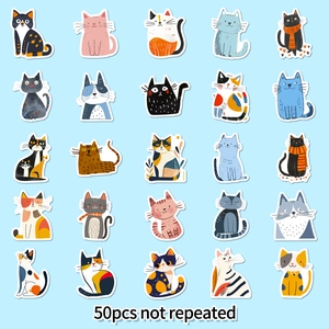 Detailed grid view showing 50 unique waterproof cartoon cat stickers with cute illustrations