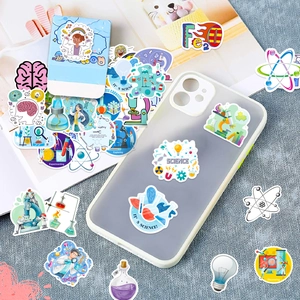 Close-up of science lab stickers on a phone case featuring brain and microscope designs