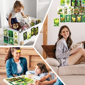Close-up of Saint Patrick's Day green stickers with shamrocks and gnomes on decor