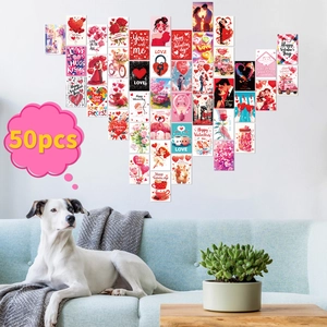 50pcs Valentines Day wall decoration cards set in heart shape layout on home wall