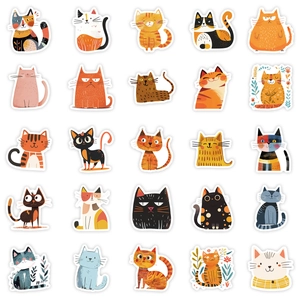 Pack of 25 unique cute cartoon cat stickers with various breeds and floral patterns