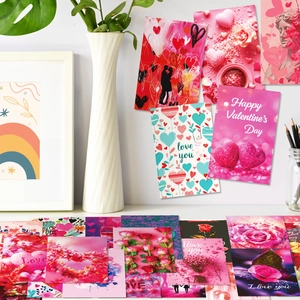 Detail of Valentine's Day pink rose cards and heart postcards for wall decoration