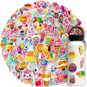Waterproof candy and ice cream stickers applied on a white reusable water bottle