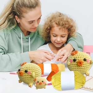 Détail d'un kit de crochet avec poussins en laine et fournitures de loisirs créatifs