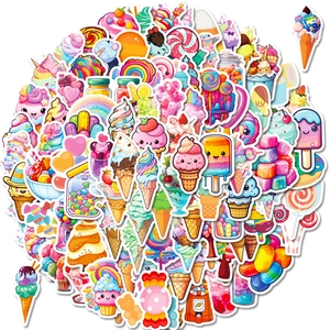 Close-up of waterproof cartoon dessert stickers with ice cream and candy patterns