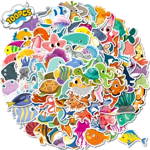 Close-up of 100PCS waterproof cartoon ocean animal stickers with sharks and whales
