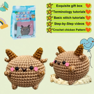 DIY crochet kit for cute chubby sheep doll keychain featuring yarn, hook and video guide