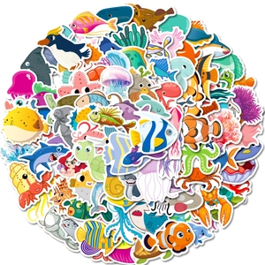 Detail of assorted cartoon marine life stickers including sharks, octopuses and sea turtles