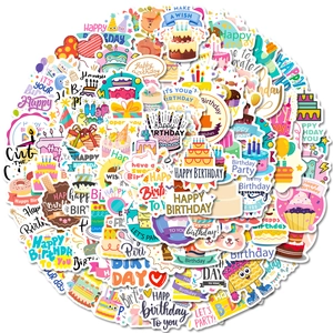 Vista de 100 pegatinas de cumpleaños vibrantes con tartas, globos y motivos de fiesta