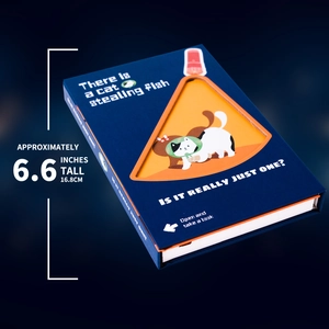 Detail des blauen Katzen-Notizbuchs mit Stofftextur und 6,6-Zoll-Größenangabe