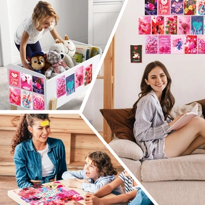 Detail of pink rose Valentine wall decor cards showing DIY wall collage and gift box accents