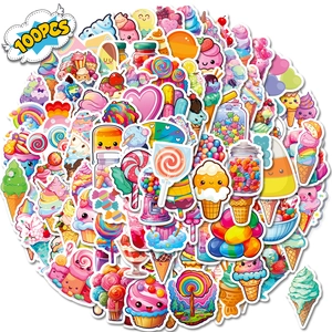 Detailed collection of 100 colorful waterproof stickers featuring sweet candy and ice cream