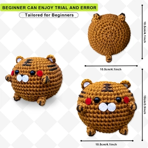 Vues détaillées du tigre au crochet fait main montrant les dimensions de 10,5 cm de face