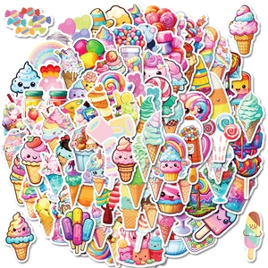 Close-up of assorted waterproof candy and ice cream stickers with vibrant cartoon designs